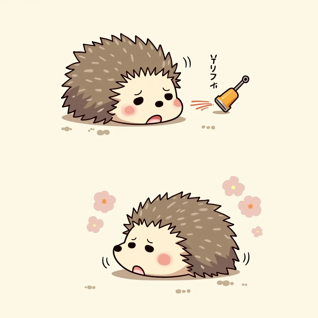 Chibi Style, 2-panel cartoon, Please draw it in the style of Choju Giga.,Hedgehog with a stomach ache,Sad face