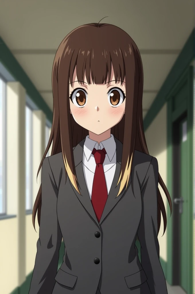 Screenshot Boku no hero academia, pretty Woman, brown hair with blonde tips,long and straight Brown eyes Neutral expression Uniform Gray jacket and Red tie, walked, school hallway background,looking at the camera from the front 