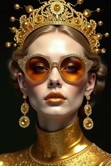 This image features a hyper-realistic and captivating portrait of a woman with lavish and exquisite makeup and accessories. Her face is almost completely covered by intricately detailed golden sunglasses, creating a stunning and eye-catching effect. Her ey...