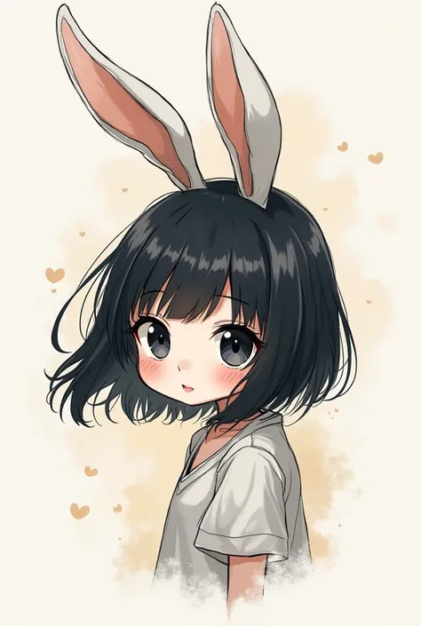 Create a black haired girl, black eyes and anime themed bunny ears, that it looks like it&#39;s being drawn, not tender
