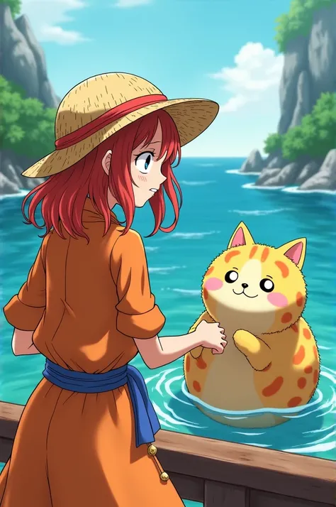 Nami from one piece paying a ball cat
