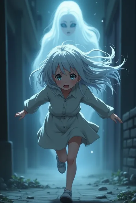 White haired, gray eyed anime girl running away from a ghost.