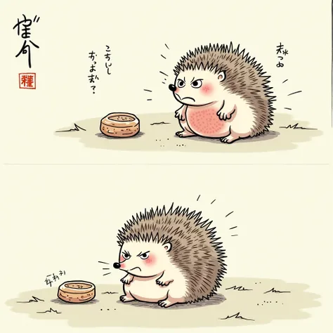 2-panel cartoon, Please draw it in the style of Choju Giga.,Hedgehog with a stomach ache,Sad face