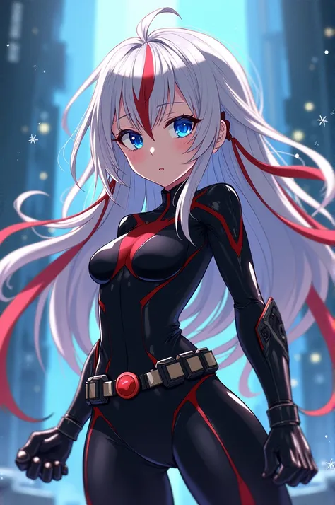 Girl with SeaArt Bot Txt2Img Studio Girl with white hair with thin red locks and bright blue eyes from boku no hero long white hair with many red locks and bright blue eyes from boku no hero with black heroine costume