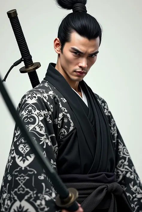 Full HD 4k image of a white man, Japanese black hair with a black and white kimono with a white katana
