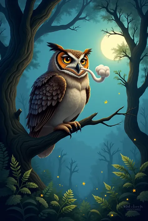 Un hibou qui pete sur un fond de foret  la nuit