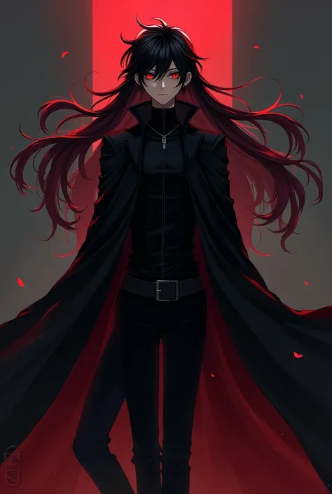 A tall anime boy with Red and black long hair with Red eyes, wearing all black