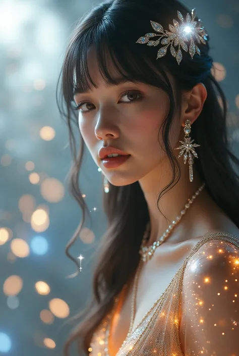 "1 beautiful girl in traditional dress, ((wearing tight blue shiny suit:1.2)), magical glowing suit, beautiful cleavage, long hair with bangs, light blue mixed with white, ((most beautiful and detailed hair jewelry:1.8)), super cute little face extremely b