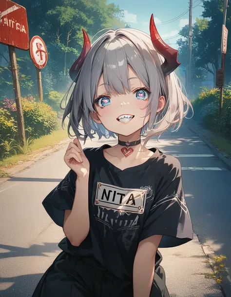 score_9, score_8_up, score_7_up, source_アニメ, masterpiece, Highest quality, One girl,small,small胸,short hair,Gray Hair,Sharp teeth,tooth,choker,blue eyes,Heart-shaped pupils,Devil horns,blush,(Outdoor,paved,signal machine,road signs),View your viewers