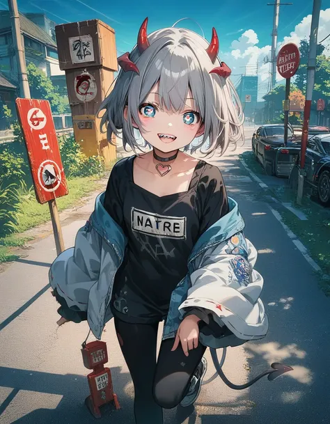 score_9, score_8_up, score_7_up, source_アニメ, masterpiece, Highest quality, One girl,small,small胸,short hair,Gray Hair,Sharp teeth,tooth,choker,blue eyes,Heart-shaped pupils,Devil horns,blush,(Outdoor,paved,signal machine,road signs),View your viewers