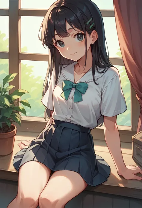 Cute female anime character, black hair, charming, Linda, with blouse revealing the belly, skirt revealing the legs and the pussy a little visible