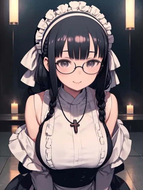 One mature large woman、BLACK LAGOON、Roberta、Black Hair、Long braided pigtails、((Round Glasses))、maid、maid服、Headband、Rosary Necklace、Smiling、Big body、Inside a rich mansion、Upper Body、dim、night、Place your hands together in front of your body、