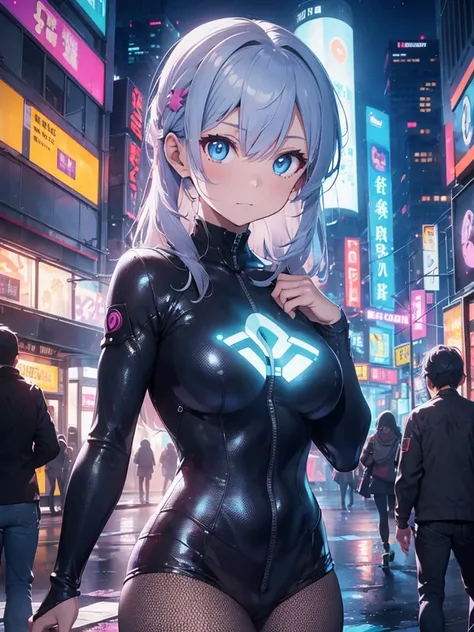 Create an anime-style image of Lucy from Cyberpunk: Edgerunners in the style of digital illustration inspired by Masato Yoshitake set against the backdrop of Night City.
Character (Lucy):
Hair: Platinum white with bold purple streaks, styled sleekly and an...