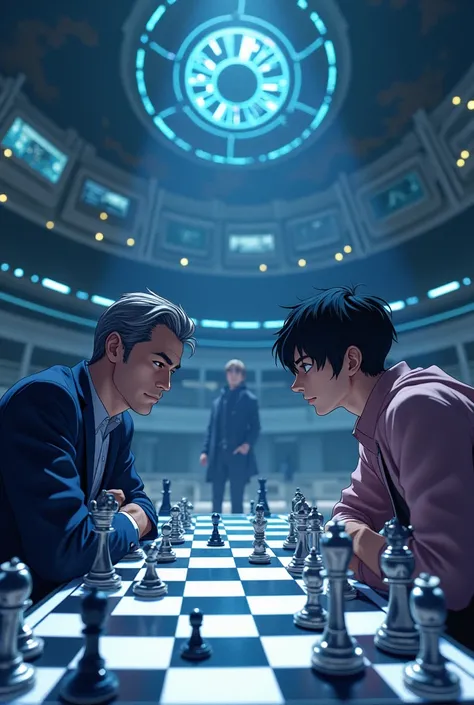 A chess match. Magnus Carlsen vs Kiyotaka Ayanokoji. Chess pieces flying everywhere (set everything in anime)