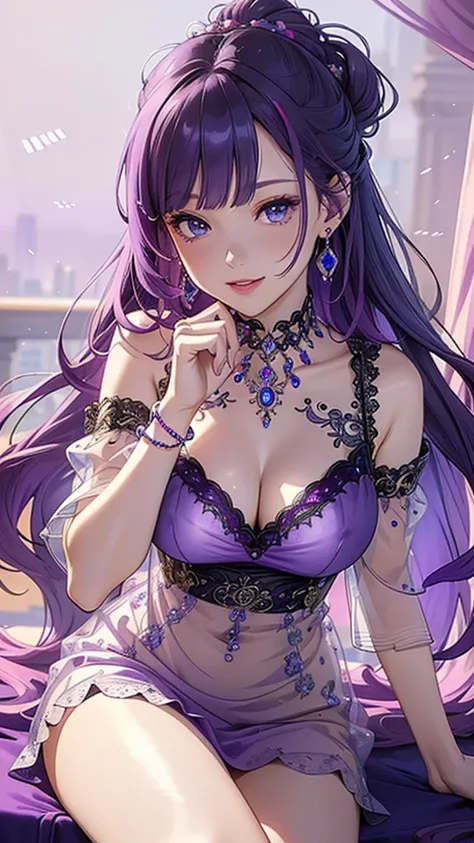 (((masterpiece, super high resolution, ultra HD, 8k quality))), (((woman in Purple see-through dress))), (((purple hair, updo))), purple eyes, ((bangs)), pink lips, tiara, scenery, sexy expression, ((highly detailed)), (perfectly detailed face), (detailed ...