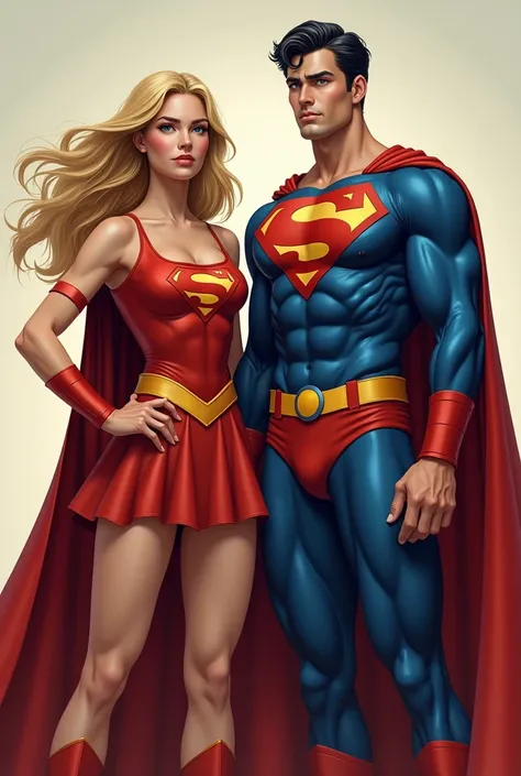 two superheros stand next to each other. they are dressed in their classic outfits, one woman, she has long blond hair and one man, he has short black hair