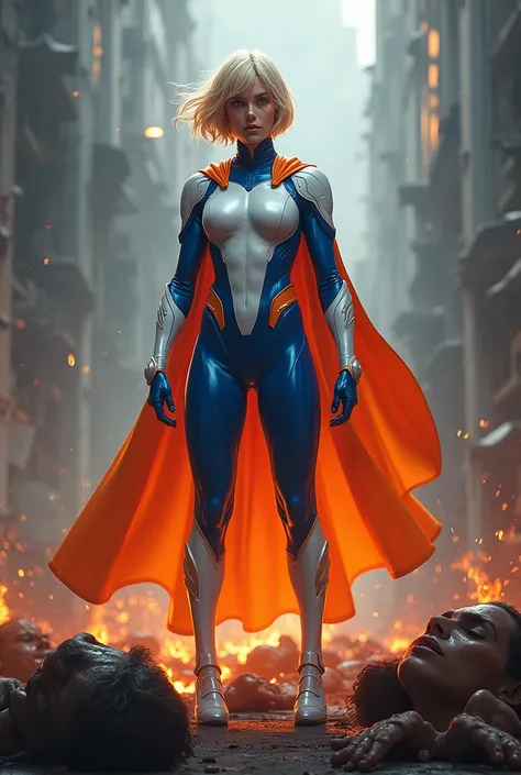 Japanese Short blonde haired female Masked Superheroine with fire powers and a white and blue skintight costume is standing triumphantly over the body. An happy smirk crosses her lips. Evil wins, lots of dead bodies and destruction. 