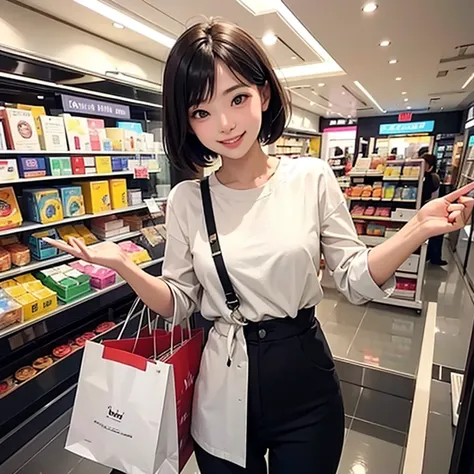 simple woman, happy with great shopping, smiling