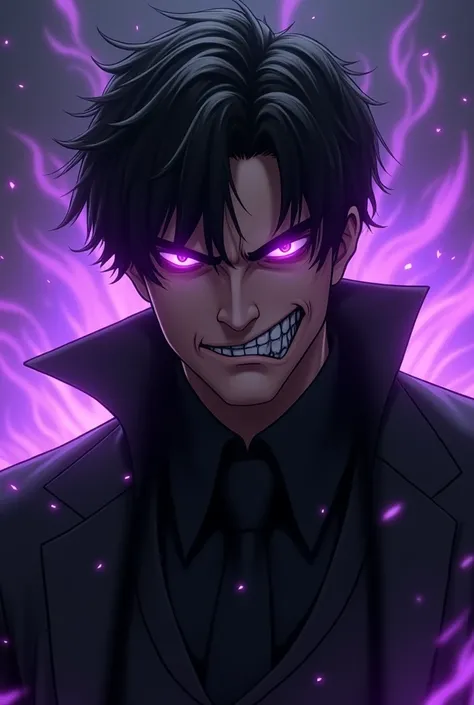 4D animated realistic Jin sun woo facing front angry evil smile and Blazing purple eyes, black long suit and black background with purple Aura