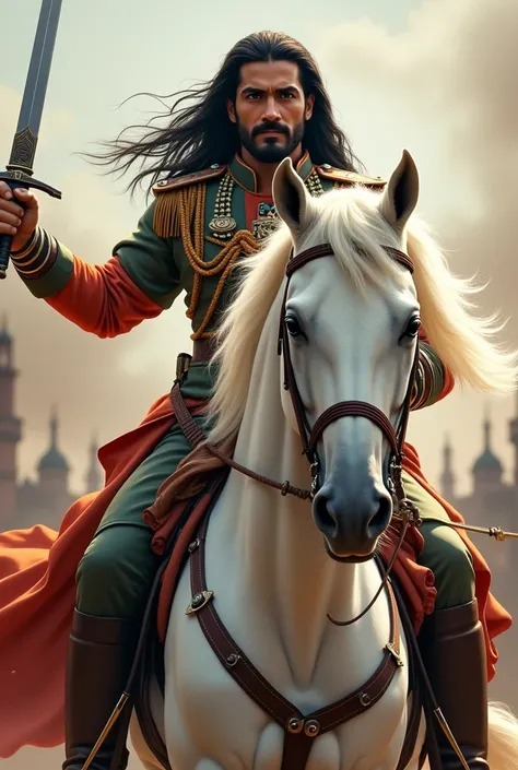 A man long black hairs with sword in hand wearing indian army uniform and sitting on white horse