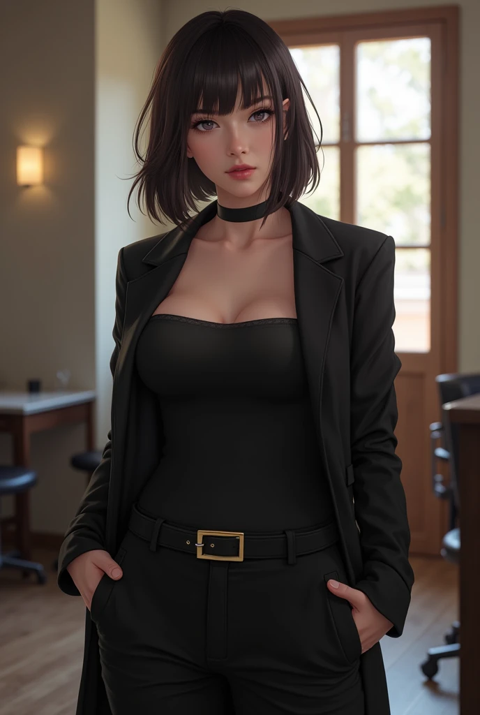 1girl, 29yo sofia takigawa_jav, breasts, eyelashes, looking at viewer, cowboy shot, standing, dynamite lighting, attractive body, wearing office attire, black blouse, black sleeveless square neck bodysuit, belt, black pants, black knee heel boots, black ch...