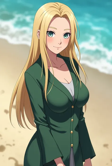 masterpiece, best quality, facing viewer, looking at viewer, 1girl, solo, outdoors, beach, standing, shy, tsunade, (nude)