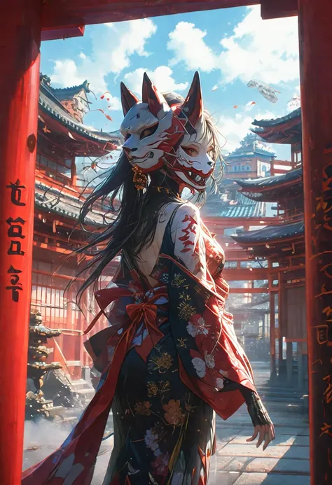 Earrings、hair ornaments、An image of a female android wearing a kimono dress and a fox mask strolling through a Kyoto shrine has been created。The style is also terrible.、人間とrobotの融合は美しさの中に神秘的でSpooky atmosphereがある。Torii gate in the background、There is a shri...