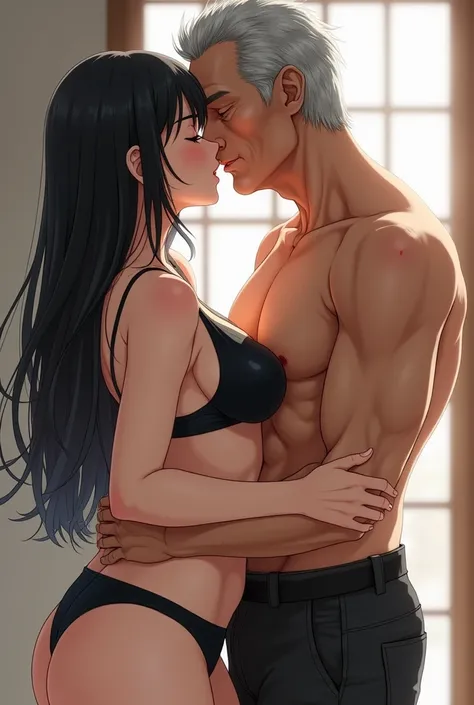 A japnese anime girl with big boobs wearing black bikini. Kissing a japnese man who is 50 years old and has grey hairs and little fat