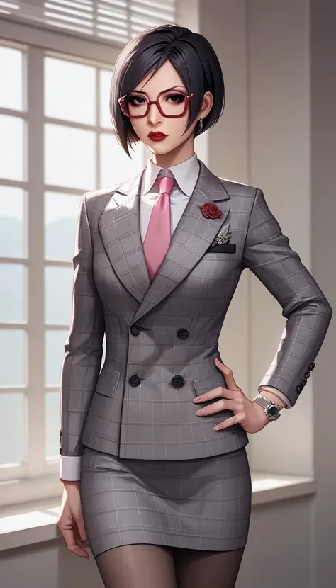 score_9, score_8_up, score_7_up, score_6_up, source_anime, double-breasted suits, 1girl, solo, asian woman, ada wong, black hair, short hair glasses, formal, jewelry, grey plaid suit, pink silk necktie, earrings, jacket, shirt, standing, hand on hip, windo...