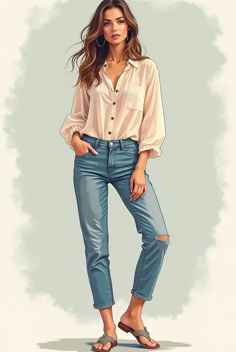 Chiffon top and denim pants women with good background illustration full body