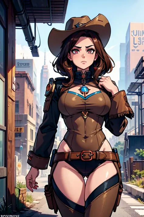 perfect face, perfect hands a brown haired female cowgirl with copper eyes with an hourglass figure in a conservative cowgirl ou...