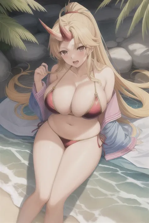 hoshiguma yuugi,1girl, solo, single horn, sakazuki,huge breasts, open mouth, caw bikini