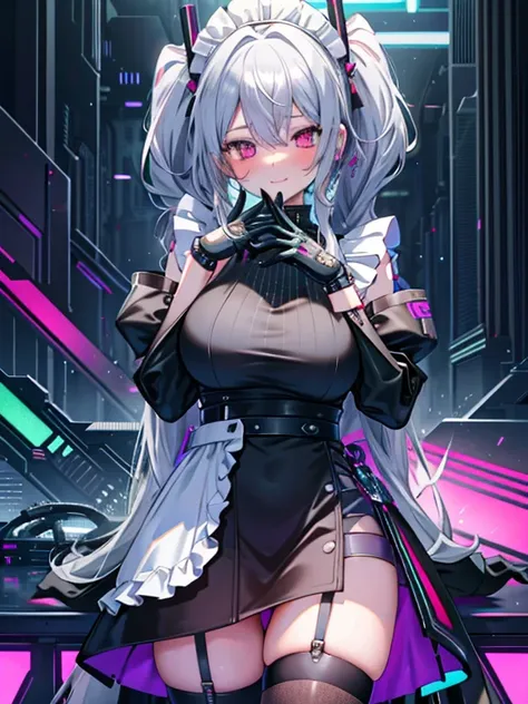 ((1girl)), (8k,16K,best quality,high-resolution,detailed fingers,detailed hands,detailed eyes,detailed legs:1.5), ((seductive smile),silver hair,Long twin tails,shiny hair:1.3), ((maid),(holographic dress),thigh highs,shiny:1.3), (heterochromia,(red eye,gr...