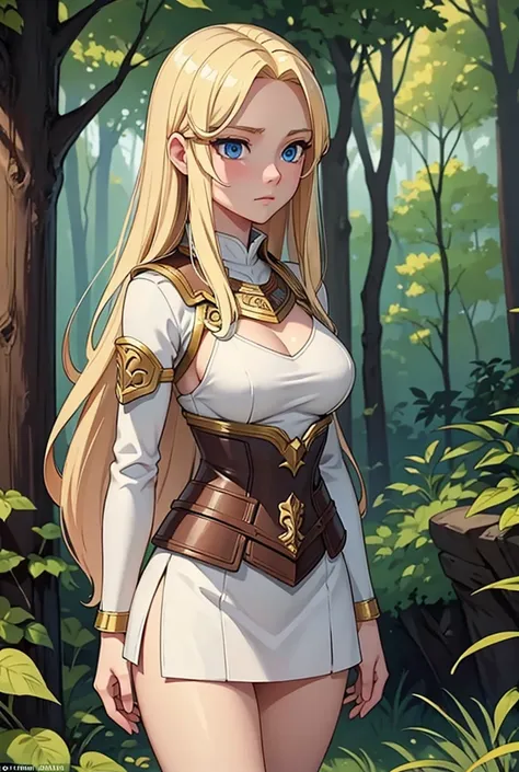 masterpiece, best quality, detail, a beautiful warrior breastplate long blonde hair blue eyes small breasts she walks through a ...