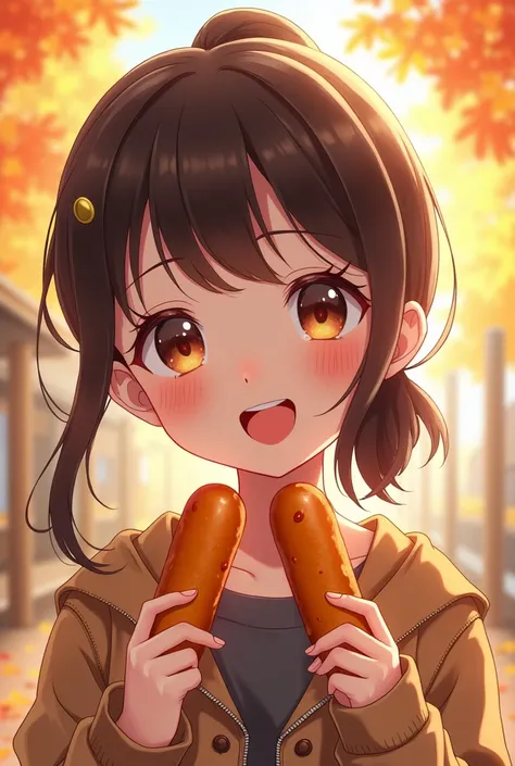 A beautiful anime girl cool in the autumn season holds corn dogs covered with ketchup with a wide smile