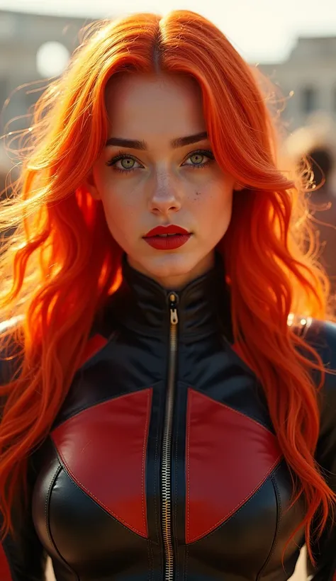 Fire hair, flaming long hair, red burning eyes, golden eyebrows, bright red lipstick, cool facial expression, wearing a rider suit with flashy black and red stitching, at the Coliseum, background blurred