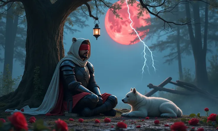 Male knight with a white hood with polar bear ears and a sword behind his back sits towards a baby polar bear and a German shepherd in a forest his head leans against a tree his legs are angled forward while the moon shines, many Roses cover the ground and...