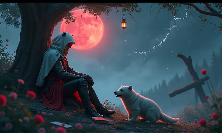 Male knight with a white hood with polar bear ears and a sword behind his back sits towards a baby polar bear and a German shepherd in a forest his head leans against a tree his legs are angled forward while the moon shines, many Roses cover the ground and...