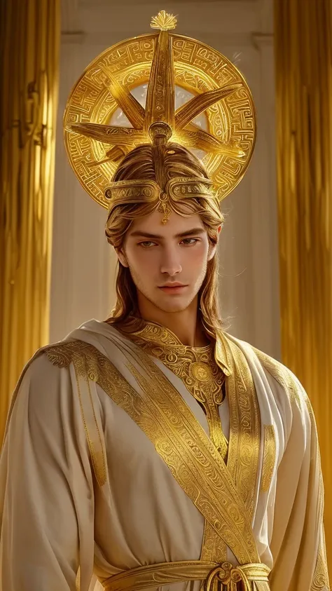 A close-up of a majestic man resembling a Greek god, radiating golden light, shown from the head to the chest, facing directly forward. His face is centered, with a calm and wise expression, glowing with a golden aura. He is dressed in ornate, flowing robe...