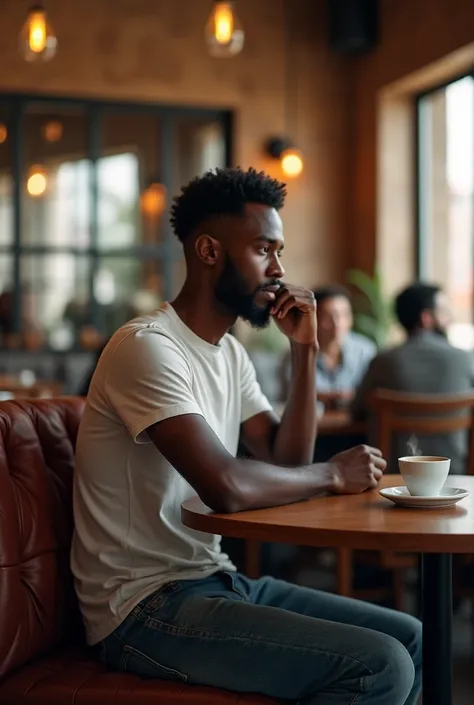 Skinyy Somali man sitting on coffee shop wearing jeans and T-Shirt 