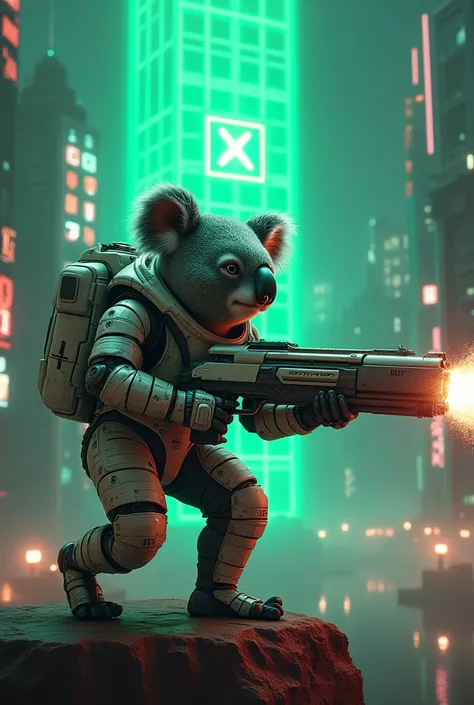 "An ultra-sharp, highly detailed image of a koala bear with robotic eyes, one arm replaced by a sleek, high-tech robotic limb, wearing futuristic space suit adorned with the very big new Twitter logo ‘X’. The koala is holding a futuristic machine gun with ...