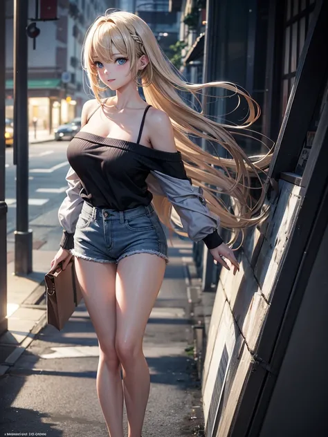 Anime style, super fine illustration, highly detailed, beautiful detailed, pale tone image, static representation, gentle expression, 8k, pretty 1girl with blonde straight short hair & blue eyes & a bright smile & big breasts & soft fair skin is wearing th...