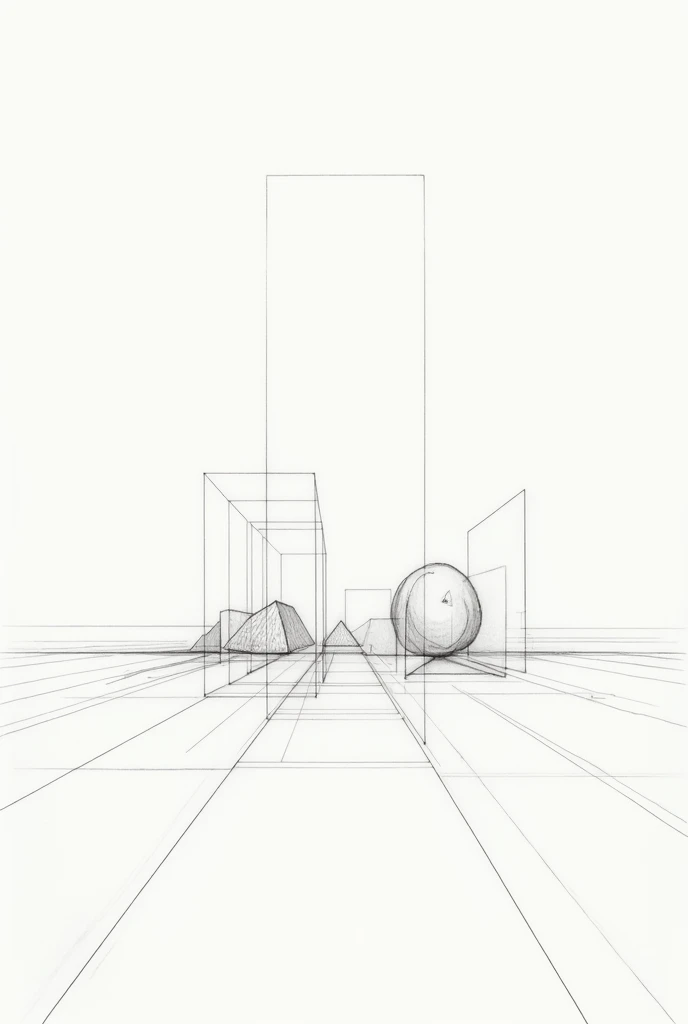 create a perspective drawing with 1 vanishing point of 4 objects below the horizon and 4 objects above the horizon 