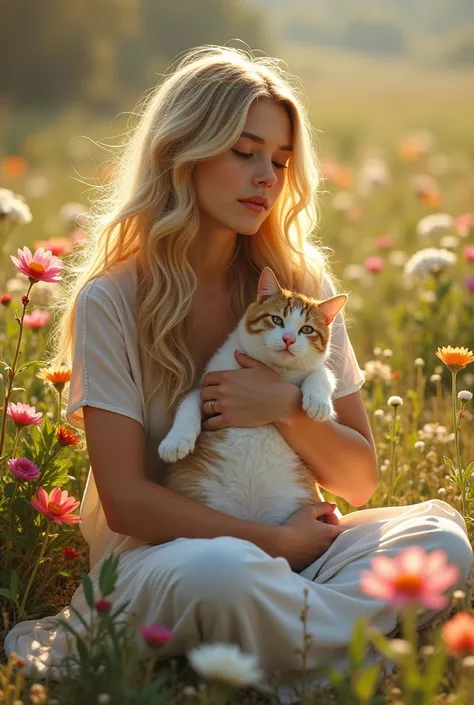 A woman sitting on the ground holding a cat, Stanley Artgerm, blonde hair human head, CGSociety, colors: yellow, inspired by Luo Mu, portrait of a normal teenage girl, real-life characters, pink girl, anime still image, hyper-real, by Gu Hongzhong, marvelo...