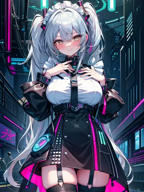 ((1girl)), (8k,16K,best quality,high-resolution,detailed fingers,detailed hands,detailed eyes,detailed legs:1.5), ((seductive smile),silver hair,very long hair ,twin tails,shiny hair:1.3), ((maid),(holographic dress),thigh highs,shiny:1.3), (heterochromia,...