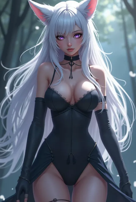 (masterpiece, Highest quality:1.2), (long white hair) (white fox ears) (purple eyes) One person, Not wearing pants、Very short skirt、high-detail、Sleeveless、Dynamic Random Shot, Attractive cleavage, elastic thighs, BREAK will fascinate you, The temptation to...