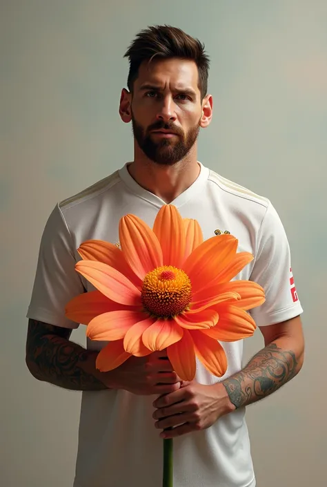 Messi is carrying a beautiful big flower 