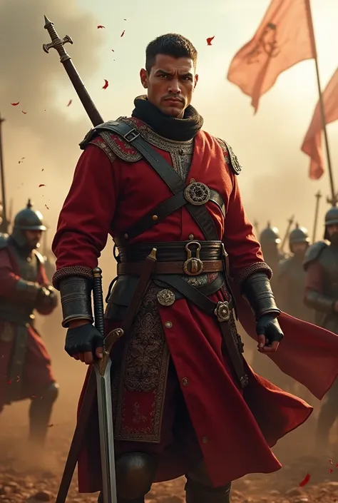 Hyper realistic, a 22yo of Indonesian man dressed in 1453s Ottoman Janissary uniform and holding sword, ideal body, look straight ahead, central figure, standing amidst a chaotic scene with multiple other figures engaged in what appears to be a battle. The...