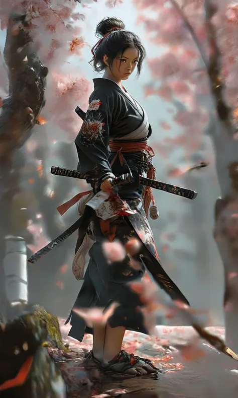 masterpiece, Best Quality, intricate detailed, Hyper realistic, ((full body shot)), absurd resolution, Alone, 1 girl, katana, Samurai, looking at the viewer, dual grip, tree, move