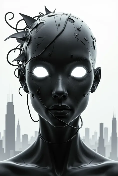 Black and white futuristic human fractal with completely white eyes looking at me, just put your face, put a white city in the background, and to the character add details like loose cables and futuristic things while maintaining the human essence, just fa...